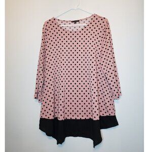 Adrianna Papell Womens Plus 1X Blouse Pink Polka Dot 3/4 Sleeve Black Hankie Hem